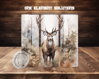 Watercolor Buck Tumbler Wrap: Deer Antler Forest Scene (PNG Digital Download)