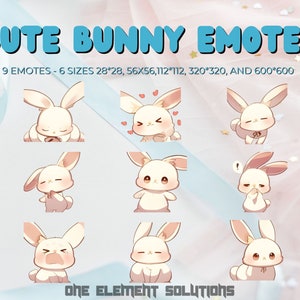 May include: Nine cute bunny emotes in various poses, with hearts and exclamation marks. The emotes are available in six sizes: 28x28, 56x56, 112x112, 320x320, and 600x600.