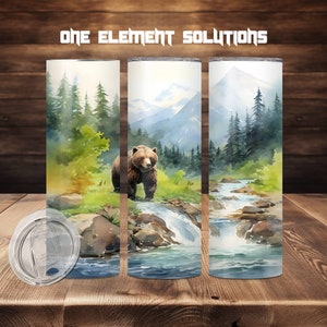 Watercolor Bear Tumbler Wrap: Mountain River Scene (Digital Download)