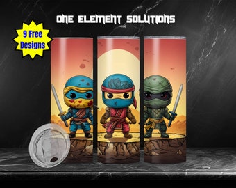May include: Three ninja-themed insulated tumblers with cartoon illustrations. Each tumbler features a different ninja character with swords, set against a sunset backdrop. The text "One Element Solutions" is at the top, and "9 Free Designs" is in a yellow star.
