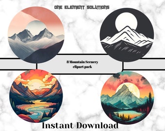 8 Mountain scenery circle clip art bundle ready to print, instant use png designs sublimation graphics background removed, print on demand