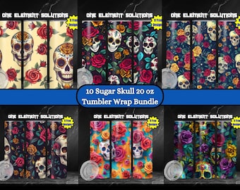 Sugar skull and roses tumbler wrap bundle, 20oz Skinny tumbler Sublimation png, instant download seamless day of the dead skull and flowers