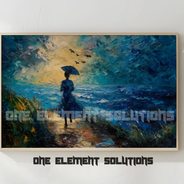 Impasto woman with umbrella painting digital wall art instant download digital impressionist  style texture art home gallery sea landscape