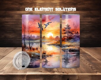 Watercolor outdoors tumbler wrap 20oz tumbler wrap Skinny tumbler Sublimation PNG beautiful watercolor lake sunrise with flying ducks png