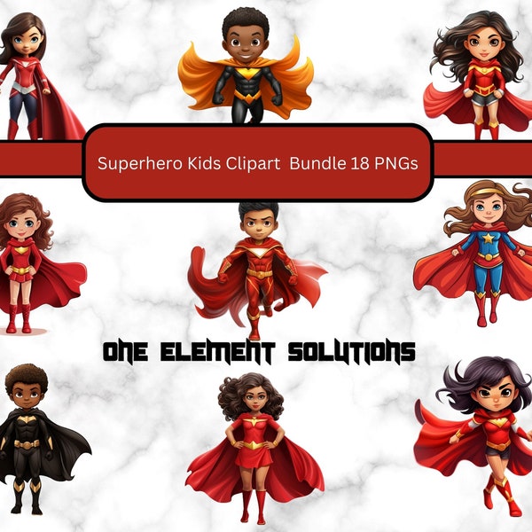 18 Superhero Kids Clip art bundle ready to print, ready to use superhero png designs sublimation graphics png clipart diverse boys and girls