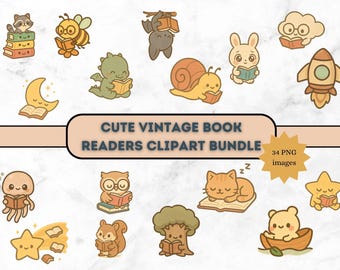 34 cute vintage book readers clip art bundle ready to print, instant use png designs sublimation graphics clipart cottagecore critters craft
