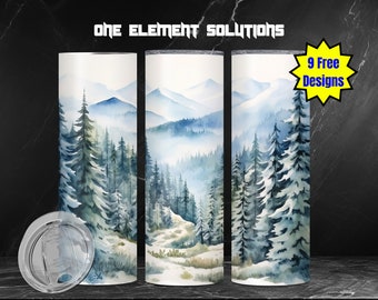 Snowy rocky mountain watercolor tumbler wrap  20oz tumbler wrap Skinny tumbler Sublimation Download PNG snow mountain nature pine fir trees