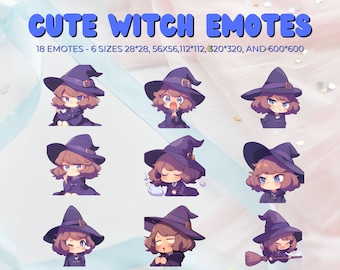 Cute witch emote pack, streaming platform asset twitch discord youtube, cute chibi kawaii witch, instant download no background emoji