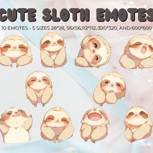 Cute sloth emote pack, streaming platform twitch discord youtube, lazy chibi kawaii sloth, ready to use instant download no background png