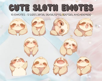 Cute sloth emote pack, streaming platform twitch discord youtube, lazy chibi kawaii sloth, ready to use instant download no background png