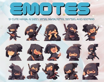 Cute ninja girl emote pack, streaming platform twitch discord youtube, cute chibi kawaii anime, ready to use instant download no background
