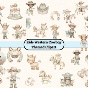 Paquete de imágenes prediseñadas del oeste para niños, botas de vaquero y vaquera para bebé, herraduras de caballo, diseños de hitos mensuales en rosa y azul para baby shower.
