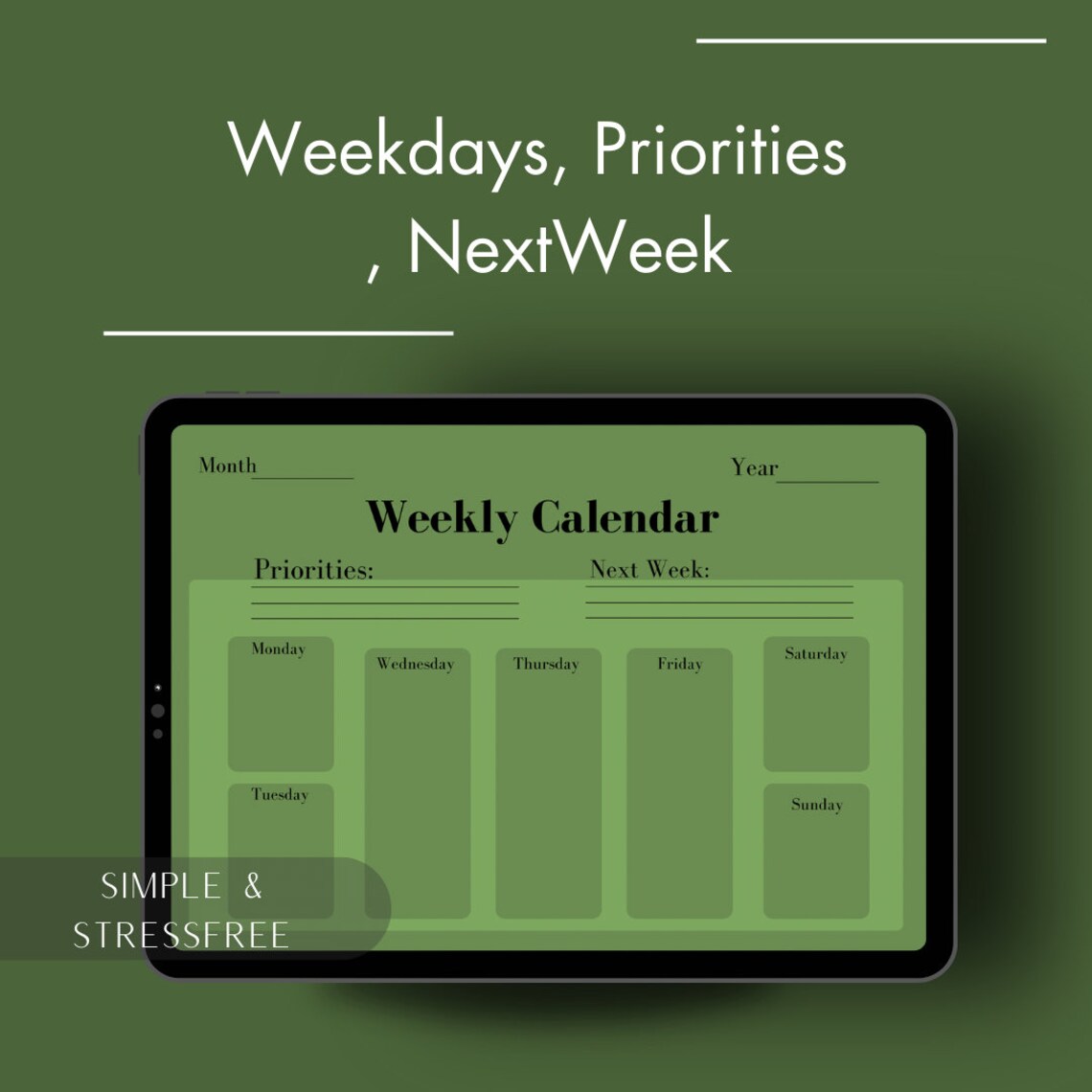 Simple and Stress Free Weekly/daily Digital Calendar, Gratitude, Todo