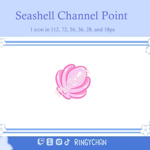 Puede incluir: Un icono de concha rosa con un contorno blanco, rodeado por un borde azul y blanco con flores de cerezo blancas en las esquinas. El texto "Seashell Channel Point" está en la parte superior de la imagen, y el texto "RINGYCHAN" está en la parte inferior de la imagen.