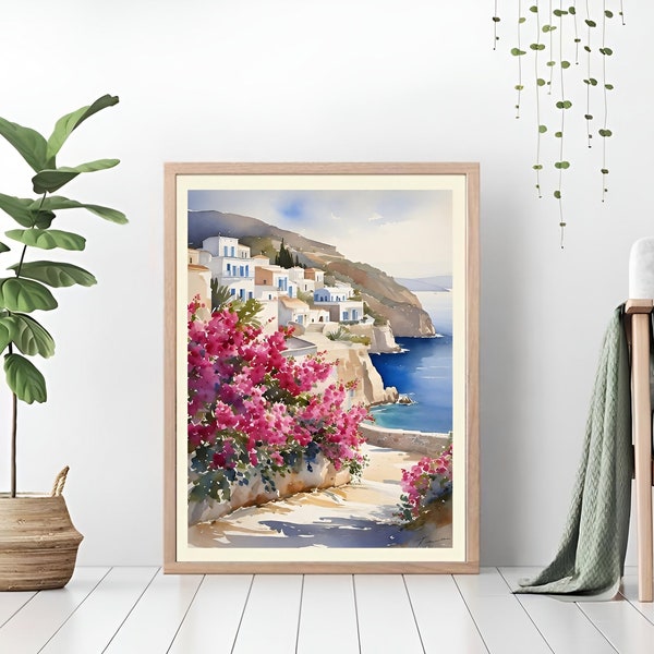Greek Coast Watercolor / Landscape Prints / Vintage Digital Print / Digital Wall Art Printable / Greek Watercolor Art /  Greek Aesthetic Art