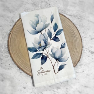 Personalized Tea Towel | Personalized Kitchen Towel | Custom Name Towel | Blue Magnolia Tea Towel | Magnolia Kitchen Towel | Floral Towel