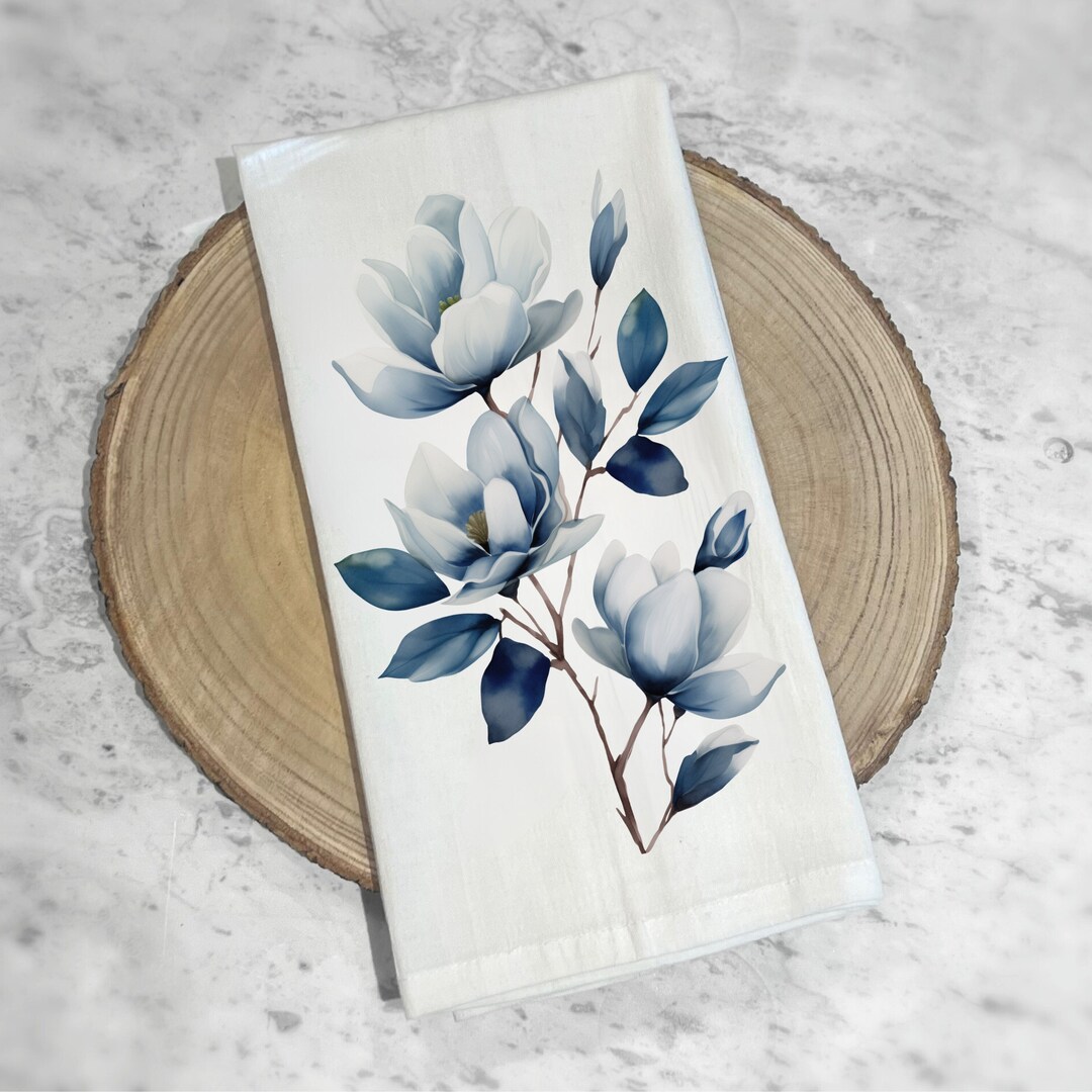 Blue Magnolia Tea Towel | Floral Kitchen Towel | Magnolia Dish Towel ...