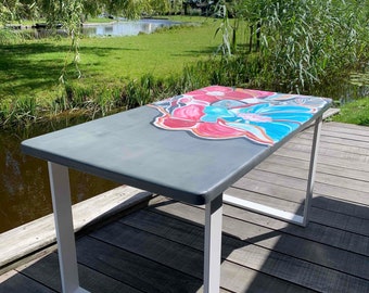 diner table, desk, hand painted, acrylic, flowers, epoxy top coating, original table, colourful table, original desk.