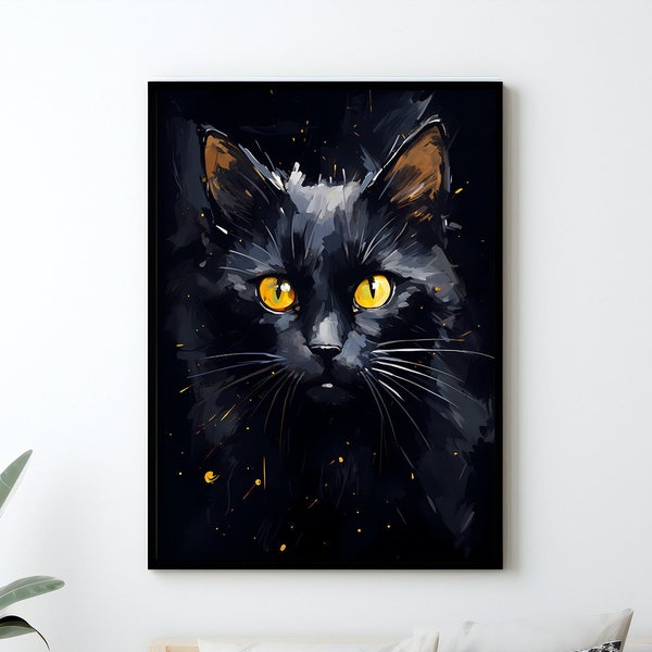 Cat Poster, Cat Artwork, Black Cat, Oil Painting, Wall Art, Living Room