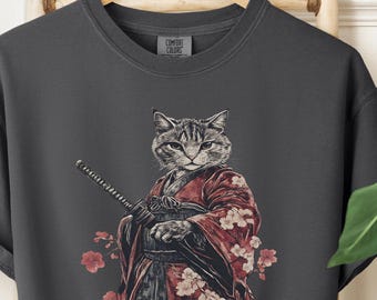 Cat Samurai Tshirt - Japanese Art Nouveau Graphic Shirt, Irezumi Ukiyo T-Shirt, KAMIOJI