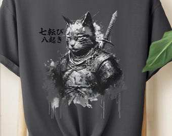 Cat Samurai Tshirt - Japanese Art Nouveau Graphic Shirt, Irezumi Ukiyo T-Shirt, KAMIOJI