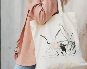 Japanese crane by Mochizuki Gyokusen, Traditional Japanese Drawing, Elegant Minimalist Artwork, Nature Lovers Canvas Tote,