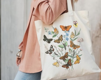 Wildflower Tote Bag,Floral Botanical Tote,Mothers Day Gift,Trendy Flower Shoulder Bag,Moth Tote Bag,Shopping Tote Bag,Vintage Flower Bag