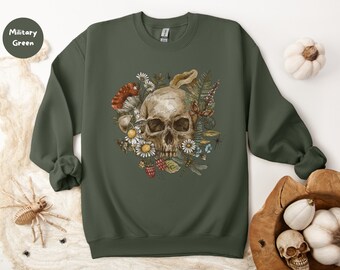 BoHo Skull and Flowers Sweatshirt, Halloween Party Shirt, Trick or Treat Unisex Sweatshirt, October 31 Shirt for Her, Oversized Fall Shirt