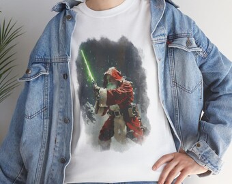Santa with Green Lightsaber T-Shirt Holiday SciFi Warrior Tee