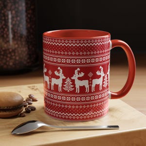 Reindeer Sweater Coffee Mug Gift, Classic Christmas Sweater Pattern Coffee Cup, Red Christmas Sweater Pattern Coffee Mug