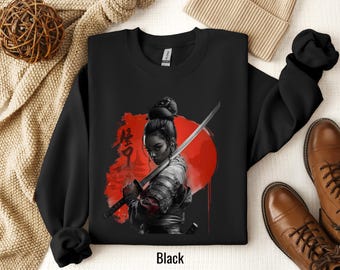 Samurai Warrior with Red Sun Crewneck Sweatshirt | Japanese Sword Art
