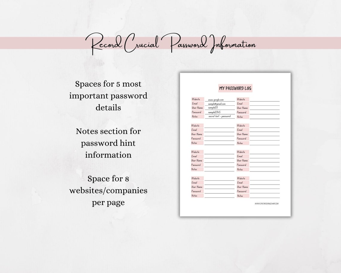 Password Tracker Log Printable & Digital Fill in Password Keeper ...