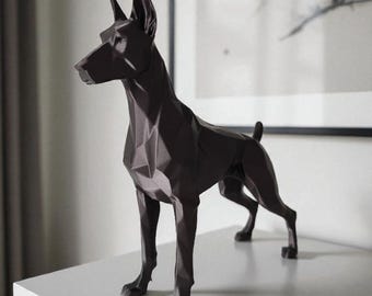 3D-geprinte Low Poly Dobermann-sculptuur – modern geometrisch beeldje