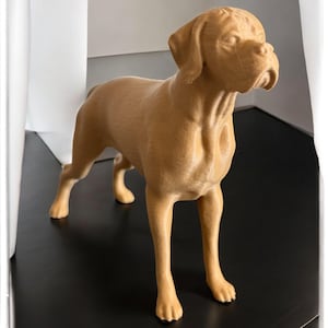 Op de afbeelding: Een lichtbruin hondenbeeld in een staande pose. De sculptuur heeft een gladde textuur en gedetailleerde kenmerken, waaronder de oren, snuit en poten van de hond. De hond staat op een zwart oppervlak.