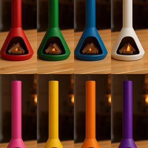 Può includere: Dieci caminetti in miniatura di vari colori, tra cui rosso, verde, blu, bianco, rosa, giallo, arancione e viola. Ogni camino ha un camino e un piccolo fuoco all'interno.
