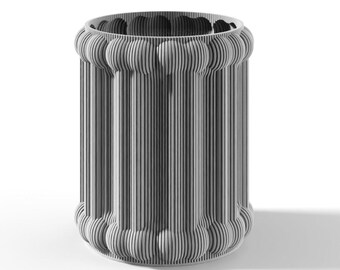 May include: A cylindrical container featuring a vertical ribbed texture throughout its surface. The top and bottom edges are accented with a series of rounded, protruding spherical shapes that encircle the entire circumference.