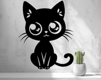 May include: A black cat wall decal featuring a stylized design with large, expressive eyes, pointed ears, and a curled tail. The graphic is solid black with white highlights within the eyes and ears, creating a high-contrast appearance.