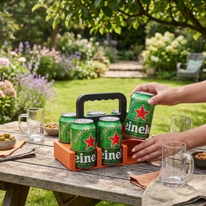 May include: A bright orange plastic six-pack beverage carrier holding green Heineken beer cans with red star logos. The carrier features a central black handle for easy transport, and the cans are arranged in two rows on a wooden outdoor table.