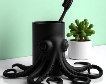 Portacepillos de dientes con forma de pulpo impreso en 3D: organizador de baño con diseño único de tentáculos y divertido accesorio de escritorio.