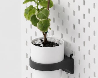 May include: A white cylindrical plant pot held by a matte black circular wall-mounted bracket attached to a white pegboard. The pot contains a small green plant with variegated leaves and a brown support stake, topped with black and white pebbles.