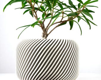 3D-geprinte plantenbak spiraal: minimalistische binnenpot met afvoer