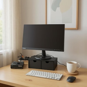 Peut inclure: Un bureau à domicile moderne avec un écran Lenovo noir sur un support noir à deux tiroirs. Un clavier blanc, une souris et une tasse à café sont posés sur un bureau en bois clair. Un petit ordinateur noir et une œuvre d'art encadrée sont également visibles.