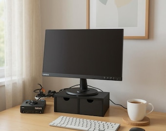 Podstawka pod monitor drukowana w technologii 3D z szufladami, ergonomiczny organizer na biurko z PLA
