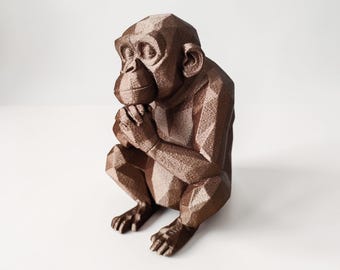 Thoughtful Low Poly Chimpanzee Sculpture – Modern Animal Figurine, Abstract Monkey Decor, Minimalist Desk Art, Unique Gift Idea