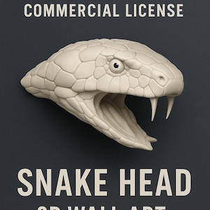 May include: A 3D printed model of a snake head, with an open mouth and visible fangs. The model is white and has a textured surface. The text "STL FILE COMMERCIAL LICENSE" and "SNAKE HEAD 3D WALL ART" is visible in the image.