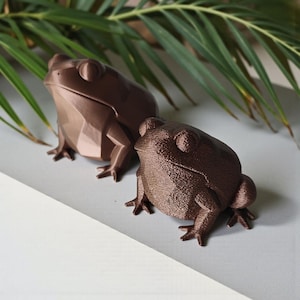Könnte beinhalten: Zwei braune Froschfiguren. Einer hat ein geometrisches, facettiertes Design, der andere ein strukturiertes, natürlicheres Aussehen. Beide Frösche stehen auf einer hellgrauen Oberfläche, mit grünen Palmenblättern im Hintergrund.