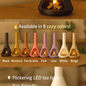 Può includere: Un piccolo camino in ceramica bianca con una luce a LED tremolante e mini tronchi rimovibili. Il camino è disponibile in 8 colori accoglienti: nero, senape, terracotta, rosa, lilla, bianco e beige. Il testo "Flickering LED tea light", "Eco-friendly", "3D printed design", "Removable mini logs" è visualizzato sotto il camino.