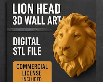 May include: A digital 3D model STL file of a lion's head for 3D printing. The model is a realistic depiction of a lion's head with a detailed mane. The image includes the text "Lion Head 3D Wall Art" and "Digital STL File". A yellow rectangle with the text "Commercial License Included" is in the bottom left corner.