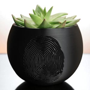 Könnte beinhalten: Ein schwarzer, runder Pflanzentopf mit einem Fingerabdruck-Design auf der Vorderseite. Der Topf enthält eine grüne Sukkulentenpflanze. Der Topf hat eine matte Oberfläche und eine glatte Textur. Die Sukkulente hat grüne Blätter mit roten Spitzen.