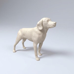 Puede incluir: Una figura de perro de color crema en posición de perfil. La escultura presenta una superficie texturizada que imita el pelaje, orejas caídas y un hocico detallado, capturando al canino en una postura alerta y de pie.